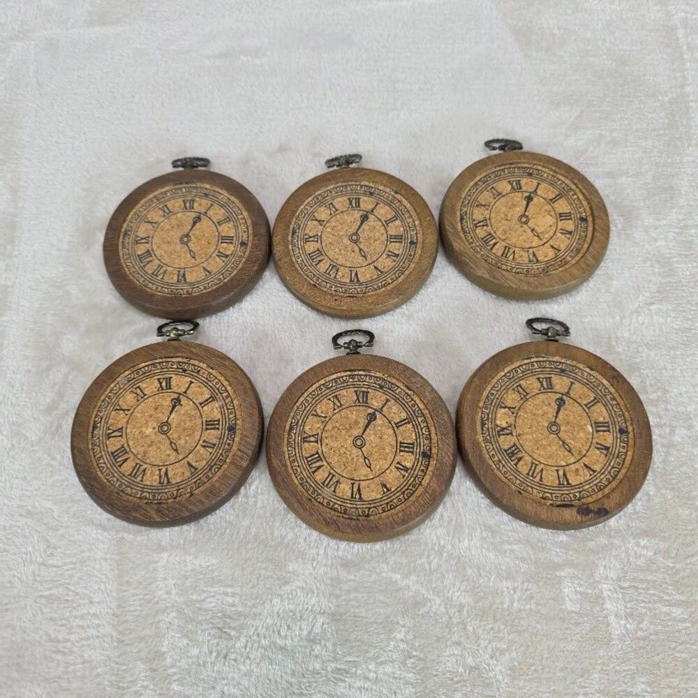 Pocket Watch Design Wooden Coasters Set of 6 Cork/Brass Round Rustic Table Decor